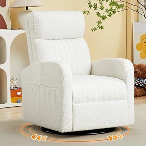 Swivel Glider Rocking Chair, Boucle Swivel Rocker Chair for Nursery, Morden Gliding Nursing Chairs with High Back for Living Room, Bedroom,Teddy White