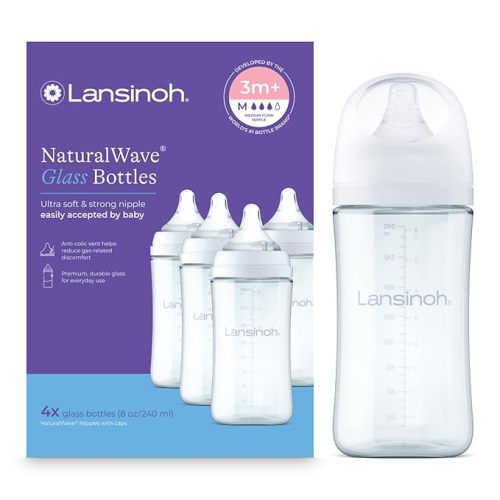Lansinoh Glass Baby Bottles, Anti-Colic, White, 5oz, 4 Count, with Slow Flow Nipples (Size S, 1-3 Months), Baby Feeding Essentials