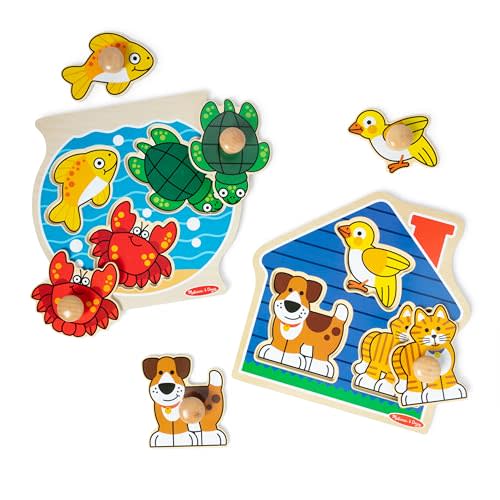 Melissa & Doug Wooden Jumbo Peg Puzzle 2-Pack Fish Bowl, House Pets, 3-Piece for Toddlers Boys and Girls, Ages 1+ Years