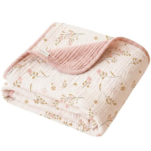 Konssy Muslin Baby Blankets for Girls Boys, 100% Cotton Crib Blanket for Infant Toddler, Super Soft and Lightweight Nursery Swaddling Wrap 40"x36" (Floral)