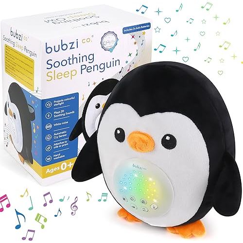 Bubzi Co Baby Sound Machine, Portable Penguin Soother & Baby Night Light Projector, Comforting Electronic Infant Toddler Sleep Aid & Baby Shush with White Noise