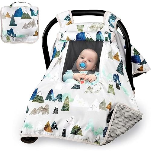 Baby Car Seat Cover, Car Carseat Canopy Boys, Minky Cozy Warm Cover, Infant Carrier Cover with Peep Windows, Soft Breathable, Adventure Mountain Nursery Theme