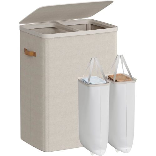 SONGMICS Laundry Basket, 44.9 Gal. Laundry Hamper, 2 Compartments, Easy Assembly, with Lid and Handles, Removable Liners, 22 x 15.7 x 29.5 Inches, Cappuccino Beige ULCB813L01