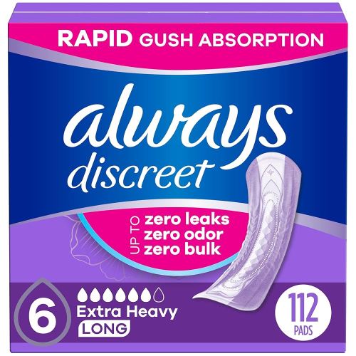 Always Discreet Adult Incontinence Pads for Women, Extra Heavy Absorbency, Long Length, Postpartum Pads, 112 Count (4 Packs of 28)