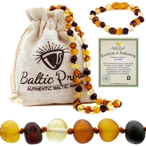 Baltic Proud Raw Amber Necklace and Bracelet Gift Set (Unisex Multi 12.5 Inches/5.5 Inches) - Certified Premium Quality Sea