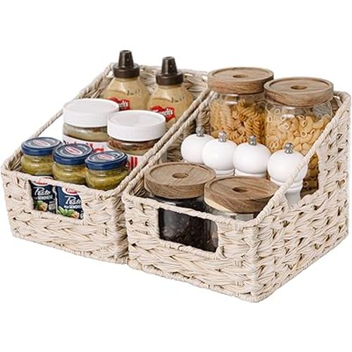 GRANNY SAYS Wicker Basket with Handles, Trapezoid Decorative Woven Baskets, Waterproof Storage Baskets for Shelves, Wicker Basket for Organizing, Butter Milk, 2-Pack