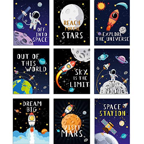 Blulu 9 Pieces Outer Space Decor for Kids Room Boy Bedroom Space Posters 8 x 10 Inch Cute Inspirational Art Decoration for Boys and Girls Playroom Space Nursery Decor