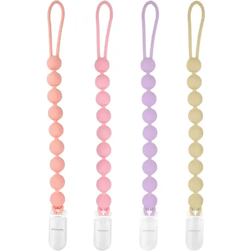 Silicone Pacifier Clip Holder, 4 Pack One Piece Soft Flexible Binky Clips Pacifier Holder Clip for Girls, Baby Girl Newborn Essentials