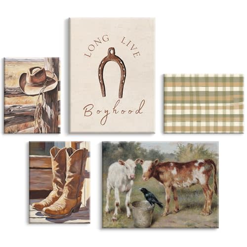Cowboy Wall Art Nursery Canvas Pictures Western Cow Wall Decor Boys Room Prints Vintage Poster Baby Children Pictures Rustic Painting Cowboy Hats Artwork for Farmhouse Bedroom 8x10 Inch Ready to Hang