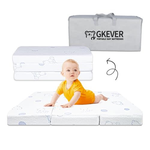 GKEVER Pack and Play Mattress, 38x26 Dual-Sided High Resilience Memory Foam Trifold Baby Mattress for Pack n Play, Foldable Travel Pack n Play Mattresses Pad with Removable Cover & Carrying Bag