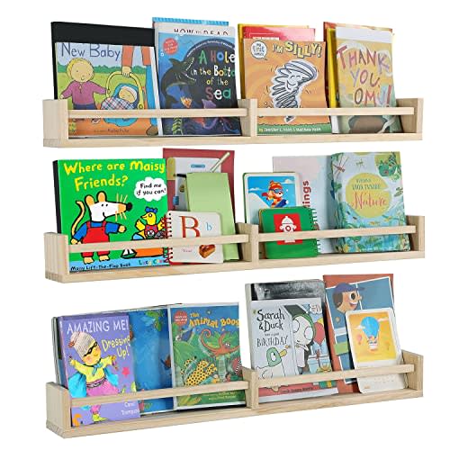 Austin yan Nursery Bookshelves Wall Mounted,32inch,Set of 3, Wood Floating Wall Bookshelf for Kids,Natural Wood Color,Hanging Shelf for Baby Nursery Room Decor, Pine