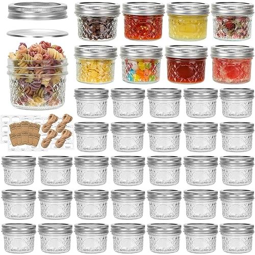 4 oz Mason Jars 40 Pack, 120ml Mini Canning Jars with Regular Lids for Jelly Herbs Spice Honey Storage, Small Glass Jars Candle jars, Extra Lids Tags Label Included