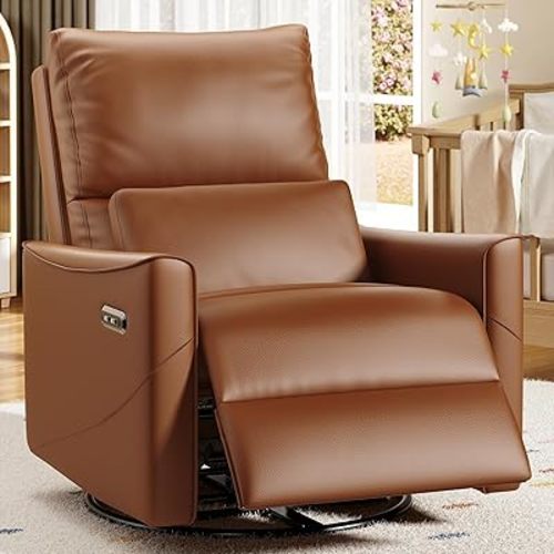 BedsPick Recliner Chair, Power Swivel Rocker Recline Function All in One, Glider Nursery Reclining Chair with Lumbar Support& Charging Ports, Idea for Rocking Baby to Sleep and Relax (Brown)