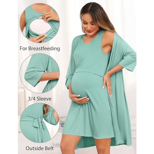 SWOMOG Women Maternity Nursing Gown and 3/4 Sleeve Robe Set Labor Delivery Nightgown Breastfeeding Hospital Bathrobe