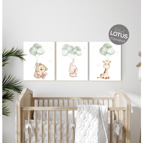 Nursery wall art animals, green nursery, gender neutral nursery, sage green, baby room decor, bear, elephant, giraffe, animal prints