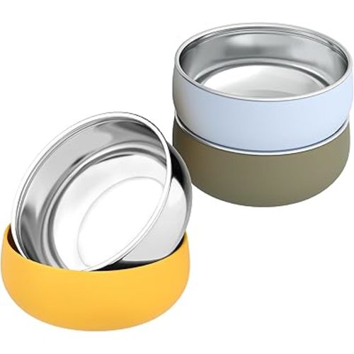 Stainless Steel and Silicone Baby Bowls 3 Packs 5” Kids Feeding,Non-Toxic&Lead-Free&Mess Free Toddler Bowl Set,Dishwasher Safe&Extra Strong Base&Fit Highchar Size,blue yellow green