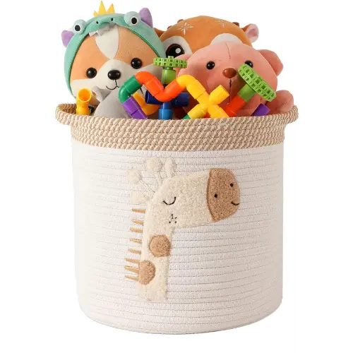 INough Toy Storage Baskets Woven Cotton Rope Storage Basket for Kids, Blanket Baskets for Living Room Toys Organizer with Embroidery Decor, Cute Baskets with Handle for Nursery, Playroom (Giraffe)