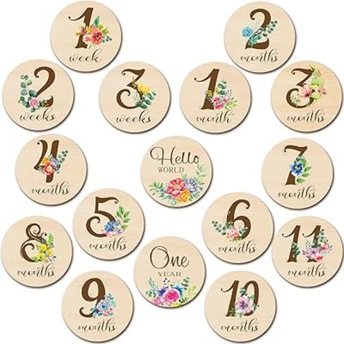 16 Pieces Wooden Baby Monthly Milestone Cards Baby Monthly Milestone Marker Discs Double Sided Monthly Milestone Wooden Circles Baby Months Signs for Baby Shower Newborn Photo Props(Fresh Flowers)