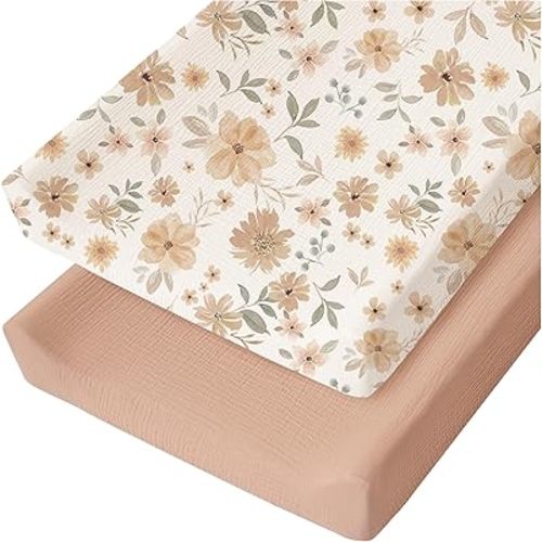Konssy Muslin Changing Pad Cover for Baby Girls Boys, 100% Cotton Fitted Diaper Chang Table Covers, Soft Breathable Changing Pad Sheets, 2 Pack (Toffee,Flourish)
