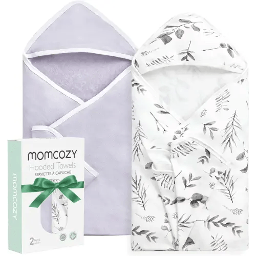 Momcozy Baby Hooded Towel-Made from Cotton, Suitable for Newborn Shower Gifts, 2 Count (Pack of 1), 28 X 28 Inch, Ink Wash Leaves