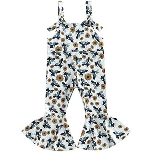 Emmababy Cow Print Toddler Bell Bottoms Romper Floral Overalls Baby Girl Sleeveless Halter Jumpsuit One Piece Western Clothes