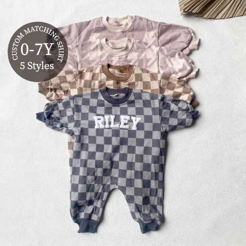 Matching Custom Puff Name Checkered Sweatshirt Bodysuit, Personalized Bubble Romper, Baby Shower Gift, Baby Birthday, Baby Christmas Gift