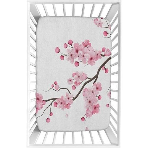 Decorative Crib Sheet,Asian Microfiber Silky Soft Toddler Mattress Sheet Fitted,28"x 52"x 8",Japanese Cherry Blossoms Spring Themed Print Baby Sheet, for Baby or Toddler Bed Nursery