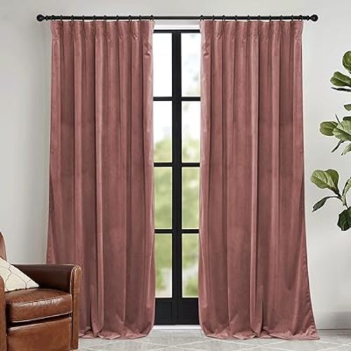 RYB HOME Dusty Pink Velvet Curtains 108 inch, Darkening Window Curtains for Living Room Energy Efficient Backdrop Festival Decor for Girls Bedroom Dining Room, Wild Rose, W52 x L108 inch, 2 Panel