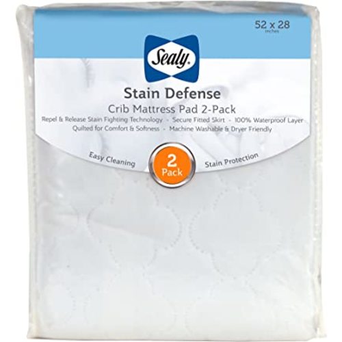 Sealy Baby Stain Defense 2-Pack Fitted Waterproof Baby Crib Mattress Protector, Crib Mattress Topper, Crib Mattress Pad, Toddler Bed Mattress Protector, Machine Wash/Dryer Friendly, 52” x 28”- White