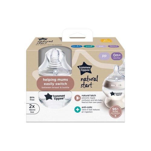Tommee Tippee Natural Start Anti-Colic Bottle With Slow Flow Teats 150ML 0M+ 2 Pack White