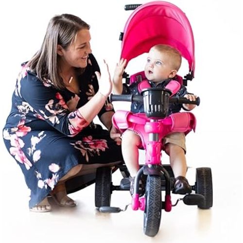 Joovy Tricycoo 4.1 Kids Tricycle with 4-Stages Featuring Extra-Wide Front Tire, Removable and Adjustable Parent Handle, Safety Harness, Machine-Washable Seat Pad, and Retractable Canopy (Pink)