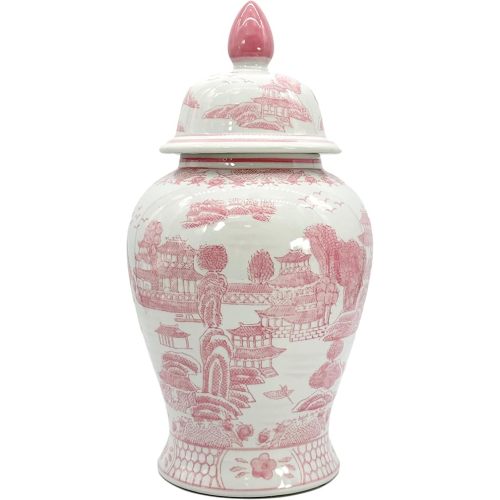 Pink Floral 18" Ceramic Porcelain Ginger Jar w/Lid - European Rococo Home Decor Classic Chinoiserie Home & Kitchen Decor for Interior Design