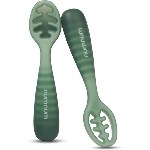 NumNum Baby Spoons Set, Pre-Spoon GOOtensils for Kids Aged 12+ Months - First Stage, Baby Led Weaning (BLW) Spoon - Self Feeding, Silicone Toddler Food Utensils - 1-Pack, 2 Spoons, Green