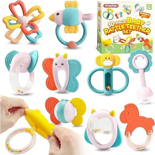 SYNCFUN Baby Toys 0-6 Months, 10 Pack Baby Teething Toys, Infant Teether, Rattles Teethers for 0-3-6-12 Months, Newborn Boy Girl Gifts, Baby Easter Basket Stuffers