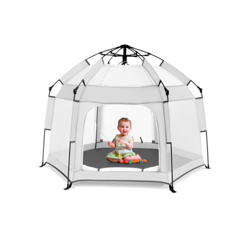 Baby Playpen with Canopy, Portable Baby Beach Tent, Toddler Play Yard Indoor and Outdoor, Foldable Mosquito Net for Infant - Light Grey