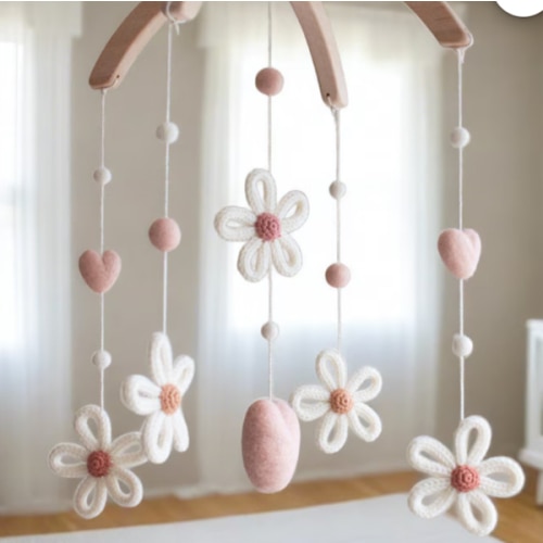 Pink Baby Girl Crib Mobile | Handmade Crochet Flower & Felt Heart Nursery Decor for Crib & Bassinet | Wooden Hanging Toy for Girls Room