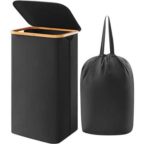 Lifewit 100L Laundry Basket with Lid, Clothes Hampers for Laundry with Bamboo Handles and A Removable Laundry Bag, Large Foldable Laundry Hamper for Bedroom, Bathroom, Dorm, Laundry Room, Black