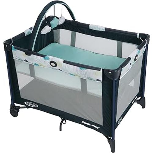 Graco Pack and Play On the Go Playard | Includes Full-Size Infant Bassinet, Push Button Compact Fold, Stratus , 39.5x28.25x29 Inch (Pack of 1)
