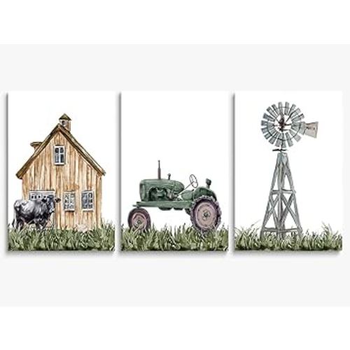 SKYSUKEY Barnyard Rustic Farm Nursery Decor Set of 3 Farmhouse Prints Watercolor Barn Green Tractor Windmill Farmhouse Nursery Room Wall Decor for Baby Boy Framed Canvas Wall Art 12"x16"