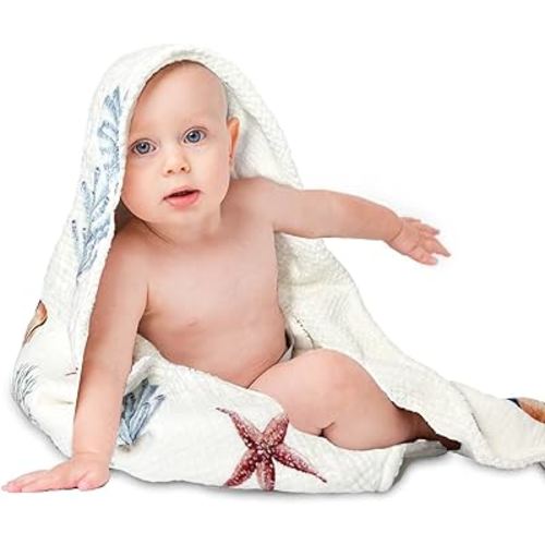 Organic Cotton Baby Bath Towel with Ultra Soft Muslin and Absorbent Flannel Lining Hooded Baby Towel, Breathable, and Perfect for Boys and Girls, (30x30 inches, Ocean Pattern)