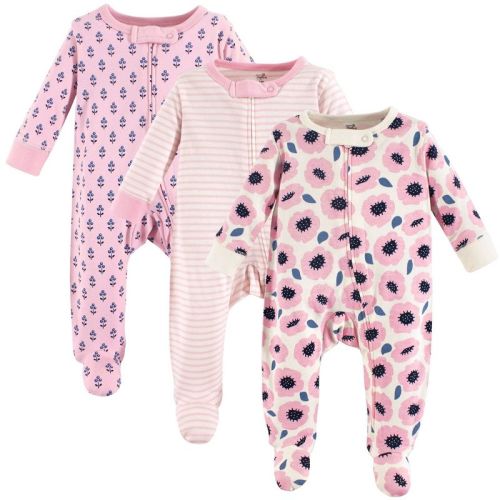 Touched By Nature Baby Girl Organic Cotton Zipper Sleep And Play 3pk, Blossoms, 0-3 Months