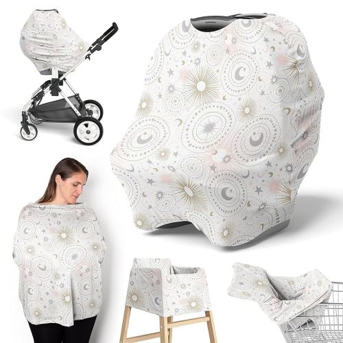 Sweet Jojo Designs Star and Moon Girl Infant Baby Car Seat Cover Nursing Breastfeeding Shopping Cart Stroller Canopy - Blush Pink Gold and Grey Celestial Sky Stars Shabby Chic