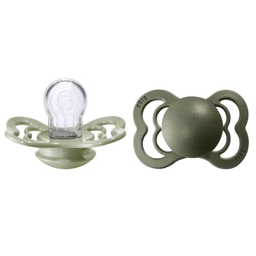 BIBS Supreme Baby Pacifier 2-Pack | Made in Denmark | BPA Free Dummy Soother, Symmetrical Nipple. Silicone, Size 1 (0-6 Months), Sage/Hunter Green