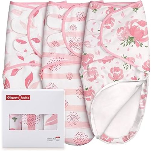 GLLQUEN BABY Baby Swaddle Sleep Sacks with Zipper - 3-Pack Newborn Swaddle Sack, Baby Swaddles Sleep Sack 0-3 Months,Pink Floral or Leaves, Swaddling Blankets 3 Pack Wrap Set, Easy Change Swaddle