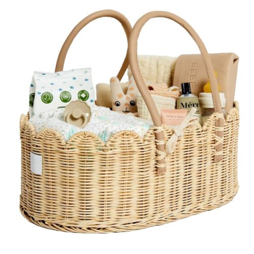BEBE BASK Premium Baby Diaper Caddy Organizer - Handmade & Award-Winning Scalloped Rattan Basket - Luxury Diaper Caddy Basket - Elegant Scalloped Edge (Natural)