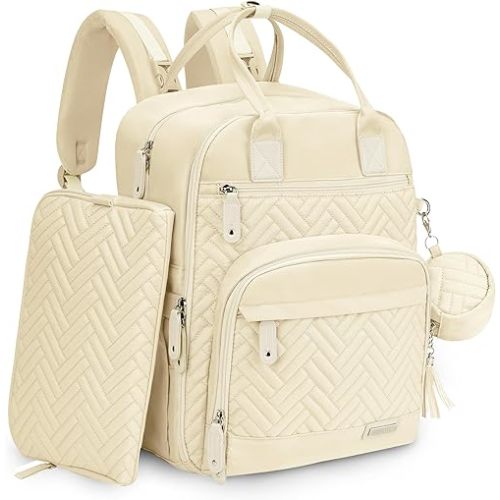 iniuniu Diaper Bag Backpack, 4 in 1 kit Large Unisex Baby Bags for Boys Girls, Waterproof Travel Back Pack with Diaper Pouch, Washable Changing Pad, Pacifier Case and Stroller Straps, Off White