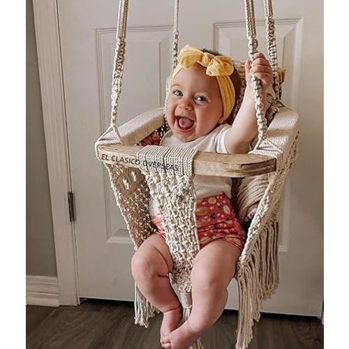 Handmade Cotton Macrame Hanging Swing Chair – Indoor Outdoor Hammock Seat for Kids, Toddlers, Boho Nursery Decor, Safe Comfortable Rope Swing for Porch, Garden, Balcony or Bedroom