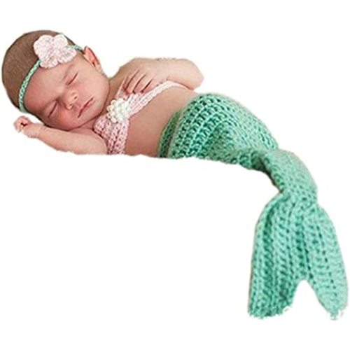 Newborn Baby Photography Prop Crochet Mermaid Headband Bra Tail