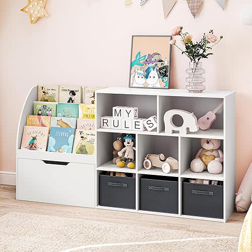 Toy Storage Organizer, Kids Book Shelf and Toy Organizer, Toy Organizers and Storage with Movable Drawers, Playroom Organization and Storage Kids Bookshelf Toy Shelf with 5 Cubbies, White