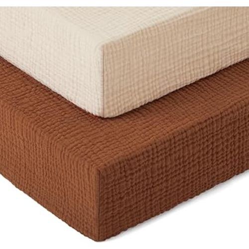 Pro Goleem 2 Pack Muslin Crib Sheets for Boys and Girls, 100% Cotton Soft Breathable Neutral Fitted Baby Bed Sheets Set for Standard Crib Mattress & Toddler Mattress 52"x28", (Brown&Beige)